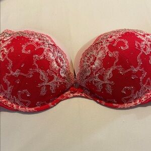Victoria's Secret Red Lace Push-Up Bra with White Embroidery and Rhinestones